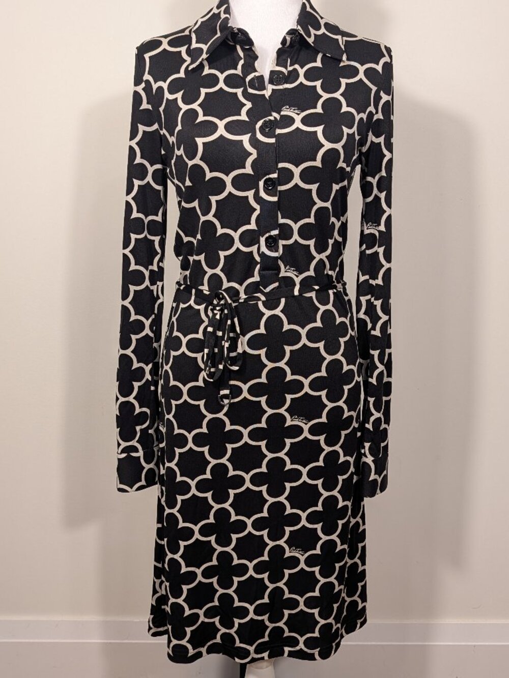Pink Tartan 100% Silk Jersey Shirt Dress Black Cream Geo Print | Sz XS